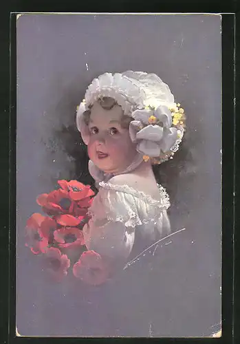 Künstler-AK Ludwig Knoefel: kleines Mädchen mit Kappe und roten Blumen