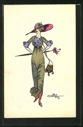 Künstler-AK Charles Naillod: Elegante Dame mit Hut, Schirm und Handtasche