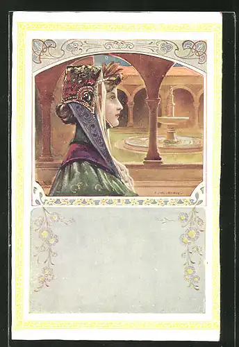 Künstler-AK Ernest Lessieux: Dame mit extravaganter Kopfbedeckung, Jugendstil
