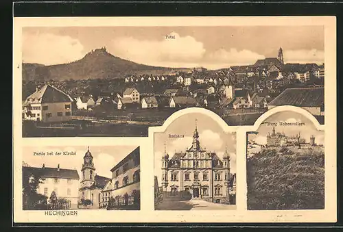 AK Hechingen, Kirche, Rathaus, Burg Hohenzollern und Ortspanorama