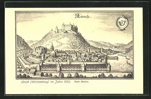 AK Urach / Württbg., Ortsansicht aus dem Jahre 1663, nach Merian
