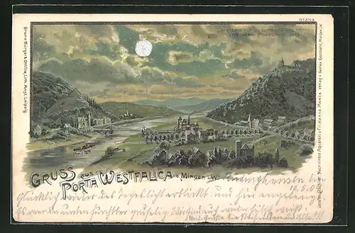 Sonnenschein-Lithographie Porta Westfalica, Ortsansicht bei Sonnenschein