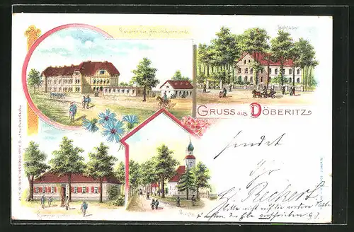 Lithographie Döberitz, Kaserne des Arbeitskommando, Schloss, Kommandantur