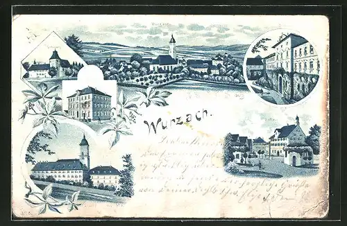 Lithographie Wurzach, Totalansicht mit Kirche, Gottesberg, Hotel Rössle, Schloss, Kirche, Rathaus