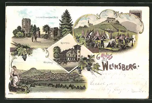 Lithographie Weinsberg, Panorama, Kernerhaus und Ruine