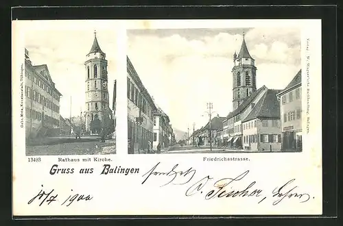 AK Balingen, Friedrichstrasse, Rathaus mit Kirche