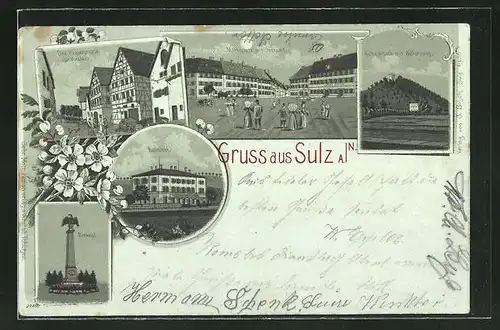 Mondschein-Lithographie Sulz a. N., Marktplatz mit Oberamt, Häusergruppe der Vorstadt, Bahnhof