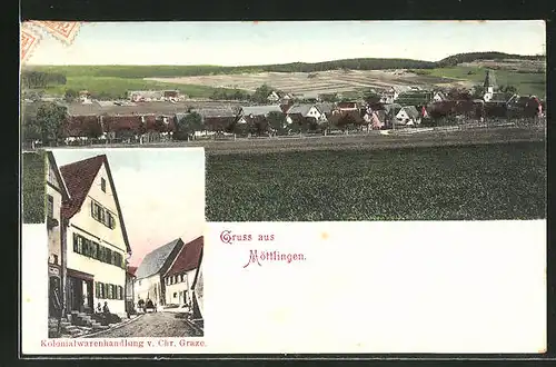 AK Möttlingen, Kolonialwarenhandlung von Chr. Graze, Ortsansicht