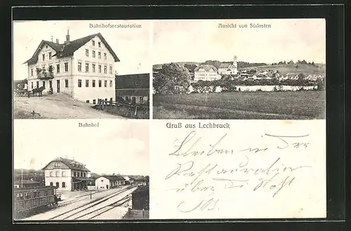 AK Lechbruck, Bahnhofrestaurant, Bahnhof von der Gleisseite, Ortsansicht