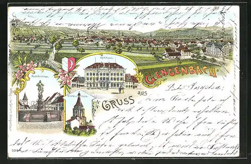 Lithographie Gengenbach, Rathaus, Marktbrunnen, Nikolausthurm