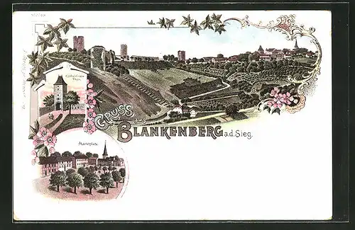 Lithographie Blankenberg / Sieg, Katharinentor, Marktplatz und Panorama