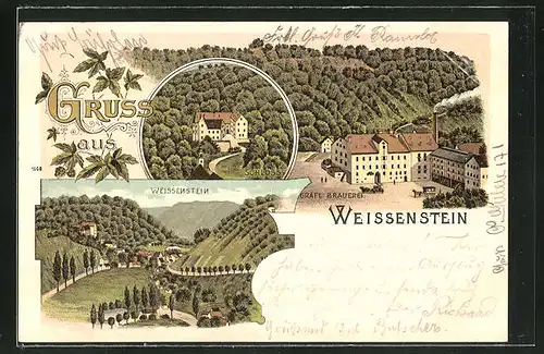 Lithographie Weissenstein, Schloss, Gräfl. Brauerei und Gebirgspanorama
