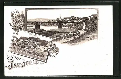 Lithographie Jagstfeld a. N., Bräuninger und Panorama mit Brücke