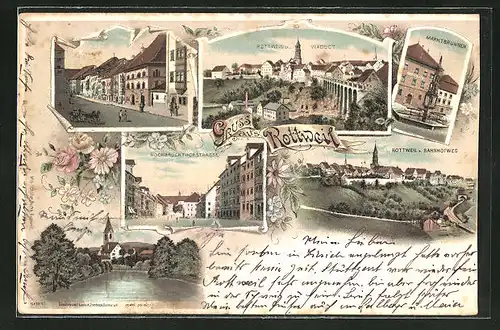 Lithographie Rottweil, Marktbrunnen, Hochbrücktorstrasse, Panorama
