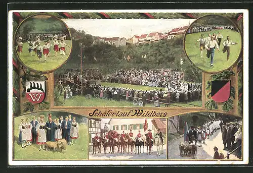 AK Wildberg, Schäferlauf, Parade in Trachten und Reiter mit Fahne, Wappen