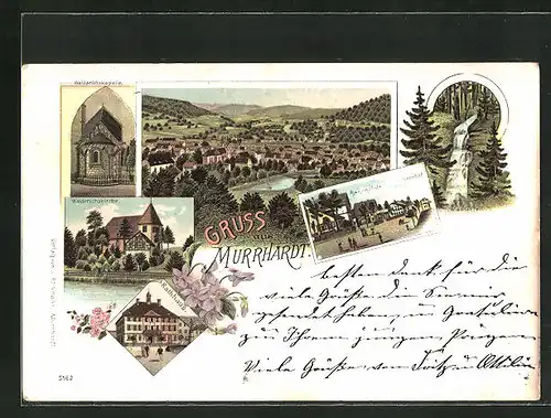 Lithographie Murrhardt, Gesamtansicht, Bahnhofstrasse, Walderichskirche, Rathaus