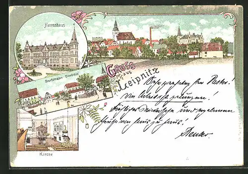 Lithographie Leipnitz, Herrenhaus, Gesamtansicht, Dorfstrasse mit Denkmal, Kirche