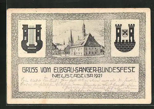 AK Neustadt i. Sa., Elbgau-Sänger-Bundfest 1921, Gebäudeansicht und Wappen