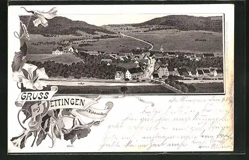 Lithographie Dettingen i. Hohenzollern, Panoramablick auf die Ortschaft