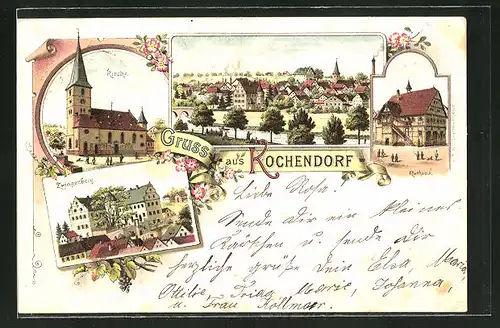 Lithographie Kochendorf, Rathaus, Zwingenberg, Kirche