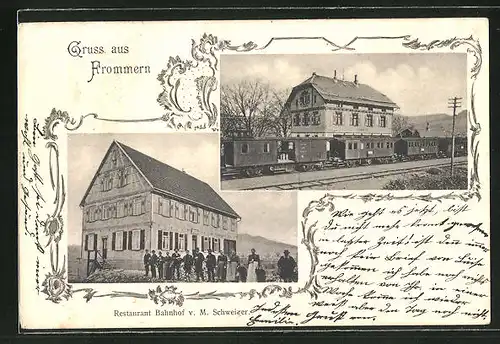 AK Frommern, Gasthaus zum Bahnhof von M. Schweizer mit Eisenbahn