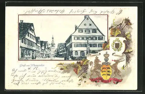 Passepartout-Lithographie Winnenden, Ortspartie mit Geschäften und Passanten, Wappen
