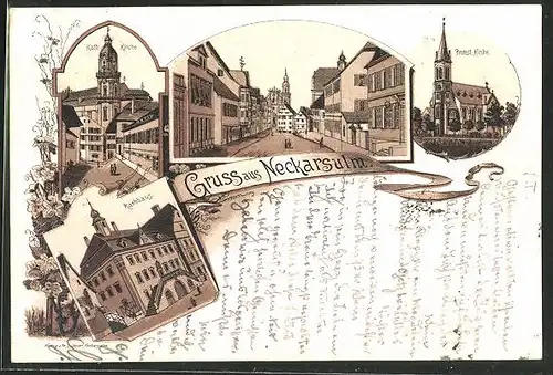 Lithographie Neckarsulm, Strassenpartie mit Blick zur Kirche, Rathaus