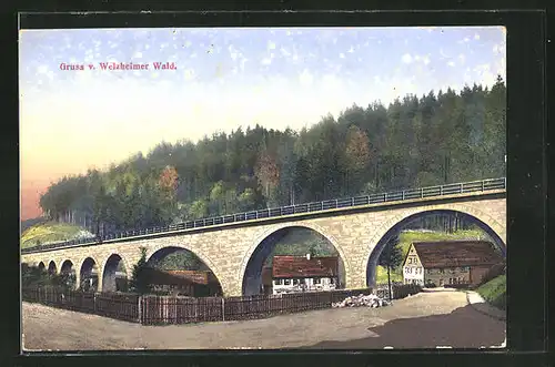 AK Welzheim, Ortsansicht mit Brücke