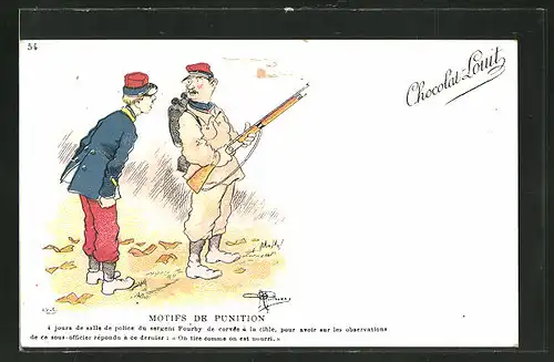 Künstler-AK Albert Guillaume: "Motifs de Punition", französischer Soldat bei einer Schiessübung, Chocolat-Louit