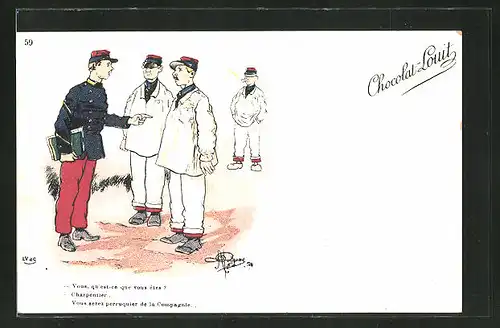 Künstler-AK Albert Guillaume: Französischer Offizier bestimmt einen Soldaten als Kompaniefriseur, Chocolat-Louit