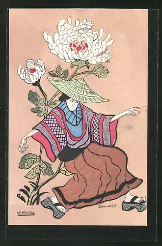 AK Geisha unter einer Blume