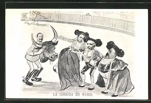 AK La Corrida du Maroc, Kaiser Wilhelm II. mit Stierkopf in der Arena, Marokkokrise