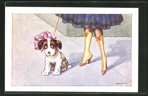 Künstler-AK A. Bertiglia: Damenbeine mit Stiefel, Hund mit rosa Schleife