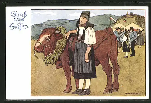 Künstler-AK Otto Ubbelohde: Mädchen in hessische Tracht neben einem Ochsen