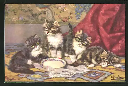 AK drei Katzen mit Schale auf einem Teppich