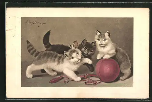 AK drei Katzen spielen mit einem Ball