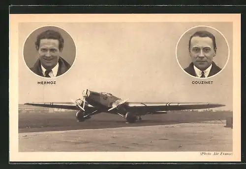 AK Portrait Mermoz & Couzinet, Flugzeug auf der Startbahn