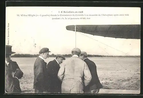 AK L'Aviation, M. Wilbur Wright écoute la Commission de Controle á sa descente de l'Aeroplane aprés avior vole, Flugzeug