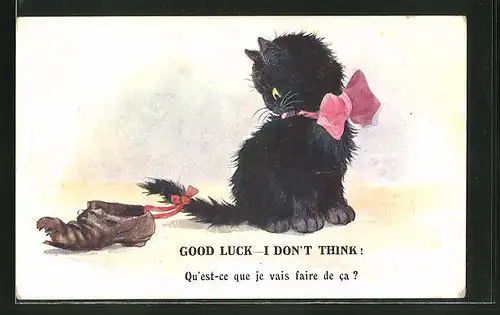 AK schwarze Katze mit Rosa Schleife und altem Schuh am Schwanz