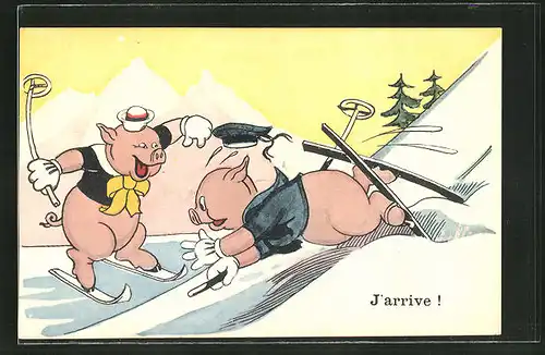 AK Schwein fällt beim Ski fahren hin