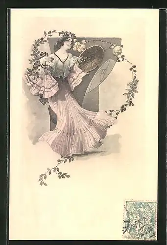 Künstler-AK Beschwingte Dame mit Schirm, Jugendstil