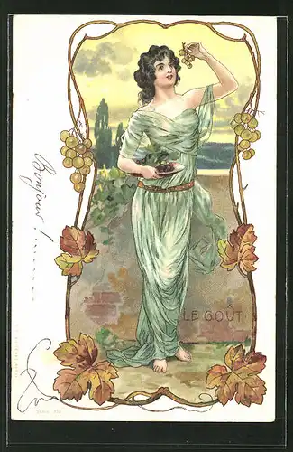 AK "Le Gout", Frau mit Trauben, Allegorie für "Geschmack", Jugendstil