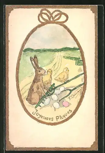 Künstler-AK Osterhase mit Osterküken an einer Harke