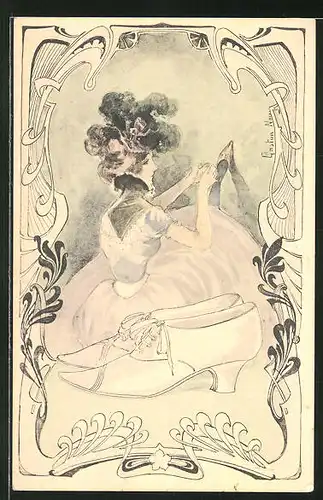 Künstler-AK sign. Gaston Noury: Elegante Dame probiert neue Schuhe an, Jugendstil