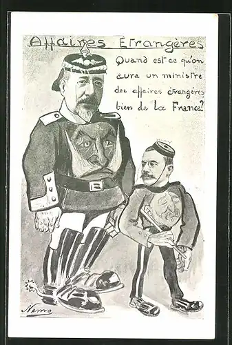 AK Marokkokrise, Französischer Politiker Maurice Rouvier mit Konterfei von Kaiser Wilhelm II. auf dem Brustpanzer