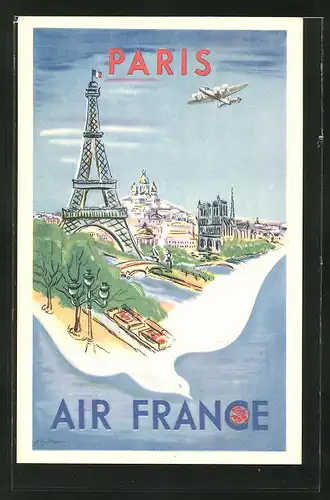 Künstler-AK Tourismus-Reklame der Air France für Paris