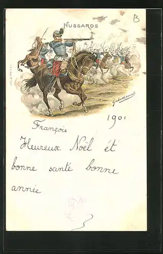 Künstler-AK "Hussards", Französische Kavallerie reitet eine Attacke