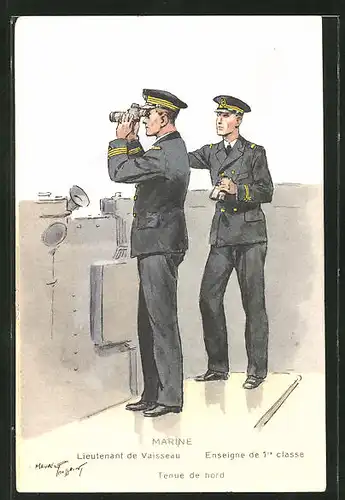 AK Besatzung eines französischen Kriegsschiffes, Lieutenant Vaisseau, Enseigne de 1er classe, Tenue de bord