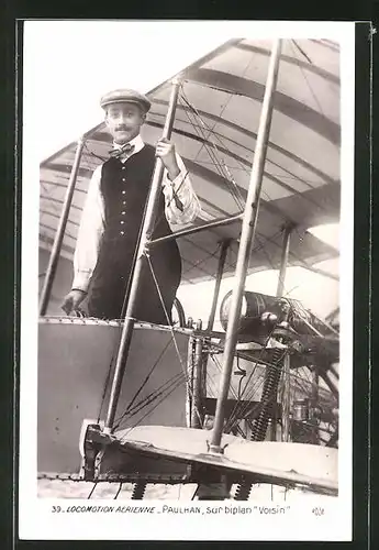 AK Flugzeug-Pionier Paulhan auf Biplan "Voisin"