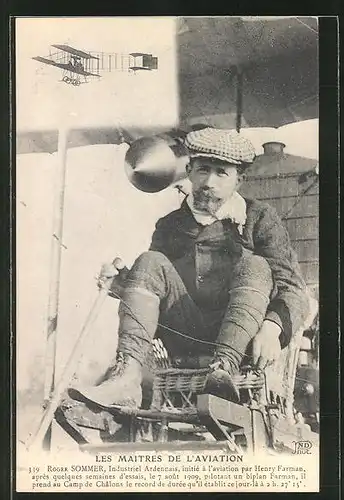 AK Flugzeug-Pionier Roger Sommer im Biplan Farman